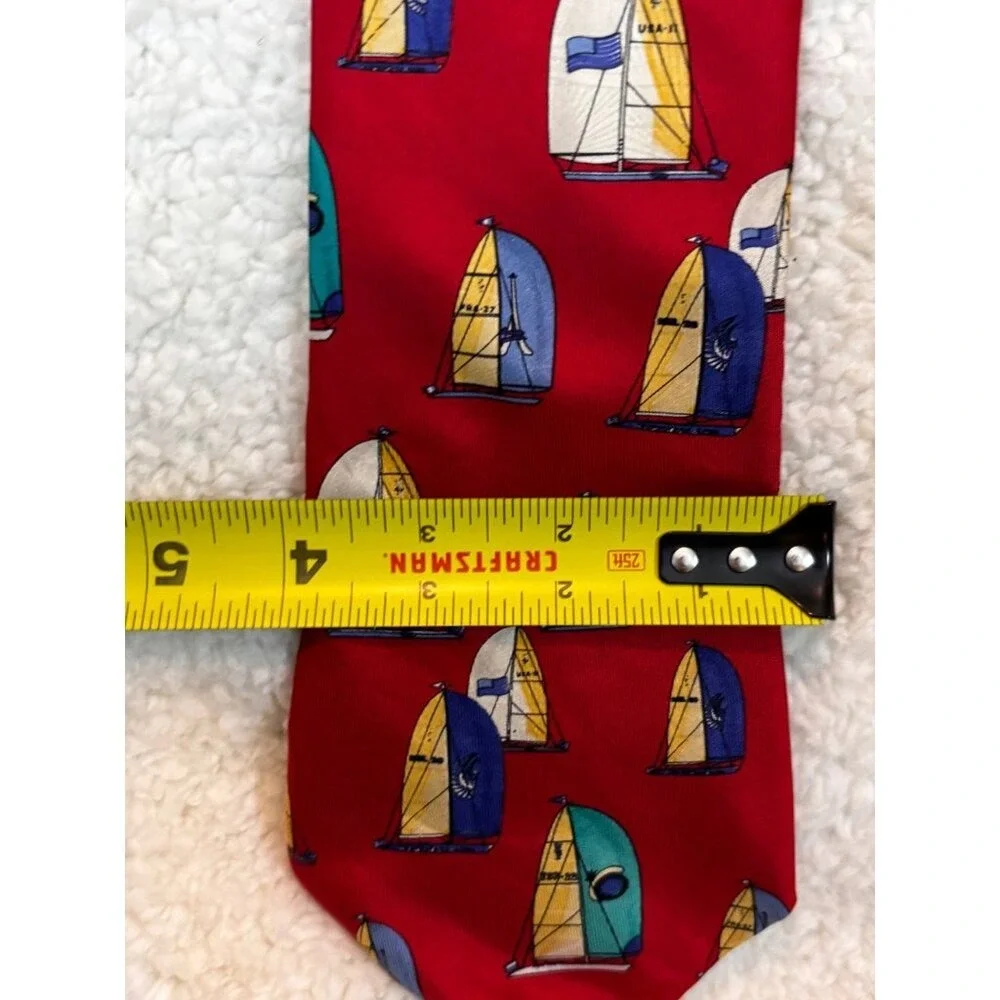 Mens Red Silk Necktie Nautical Sailboat Pattern Handmade‎ USA